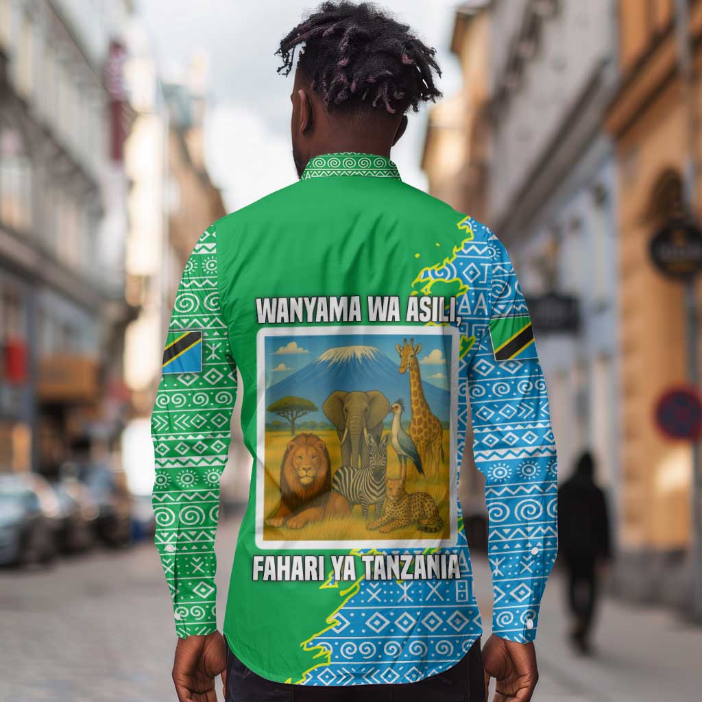 Tanzania Wildlife Long Sleeve Button Shirt - Tribal Print and Mount Kilimanjaro Safari Scene