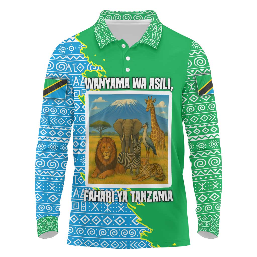 Tanzania Wildlife Long Sleeve Polo Shirt - Tribal Print and Mount Kilimanjaro Safari Scene