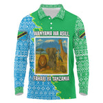 Tanzania Wildlife Long Sleeve Polo Shirt - Tribal Print and Mount Kilimanjaro Safari Scene