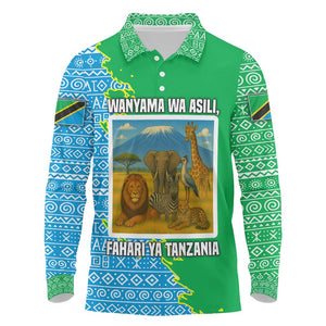 Tanzania Wildlife Long Sleeve Polo Shirt - Tribal Print and Mount Kilimanjaro Safari Scene