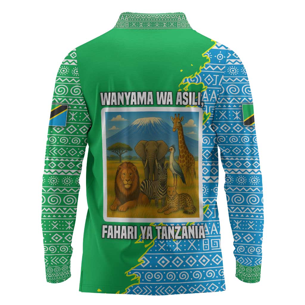 Tanzania Wildlife Long Sleeve Polo Shirt - Tribal Print and Mount Kilimanjaro Safari Scene