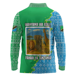 Tanzania Wildlife Long Sleeve Polo Shirt - Tribal Print and Mount Kilimanjaro Safari Scene