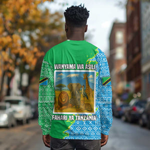 Tanzania Wildlife Long Sleeve Shirt - Tribal Print and Mount Kilimanjaro Safari Scene