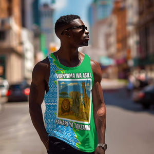 Tanzania Wildlife Men Tank Top - Tribal Print and Mount Kilimanjaro Safari Scene