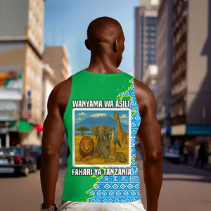 Tanzania Wildlife Men Tank Top - Tribal Print and Mount Kilimanjaro Safari Scene