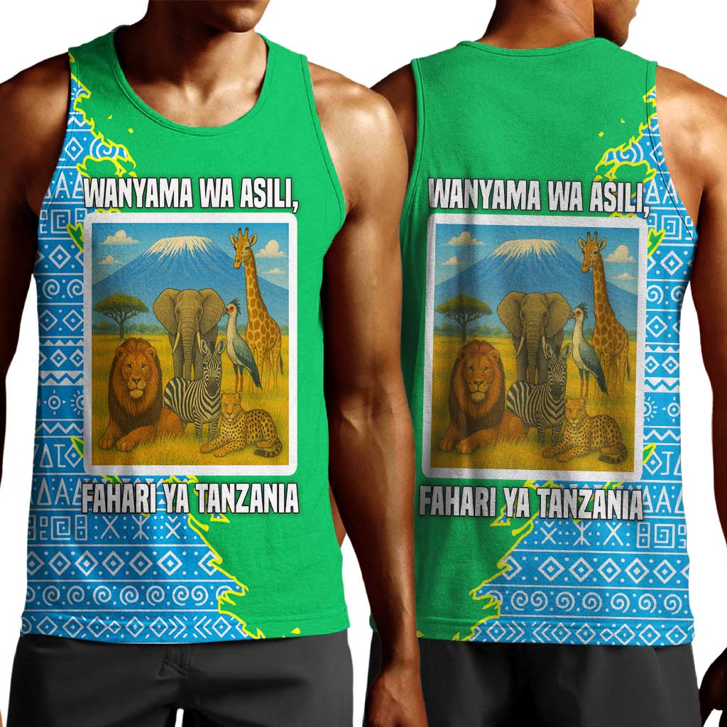Tanzania Wildlife Men Tank Top - Tribal Print and Mount Kilimanjaro Safari Scene