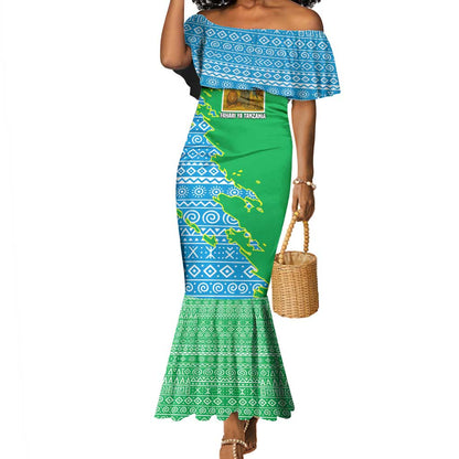Tanzania Wildlife Mermaid Dress - Tribal Print and Mount Kilimanjaro Safari Scene