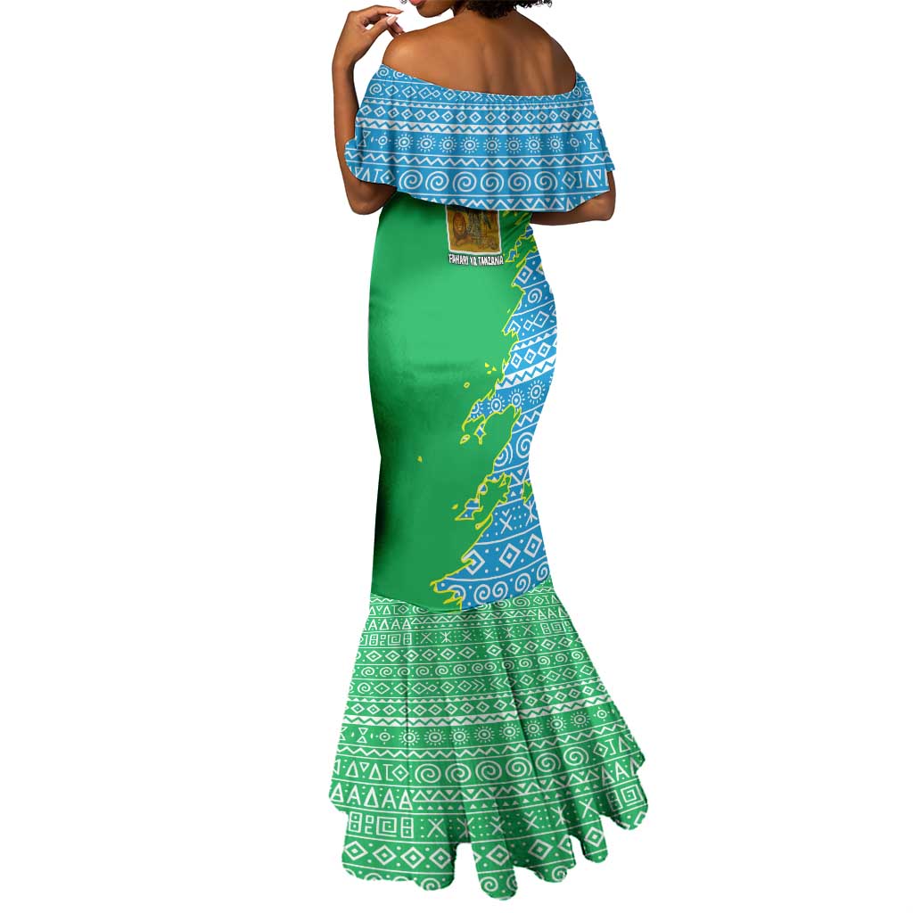Tanzania Wildlife Mermaid Dress - Tribal Print and Mount Kilimanjaro Safari Scene