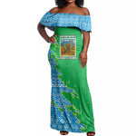 Tanzania Wildlife Off Shoulder Maxi Dress - Tribal Print and Mount Kilimanjaro Safari Scene