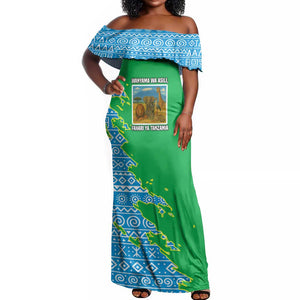 Tanzania Wildlife Off Shoulder Maxi Dress - Tribal Print and Mount Kilimanjaro Safari Scene