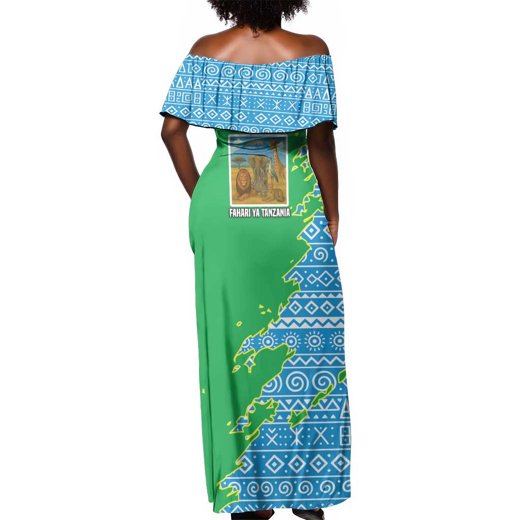Tanzania Wildlife Off Shoulder Maxi Dress - Tribal Print and Mount Kilimanjaro Safari Scene