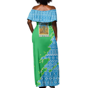 Tanzania Wildlife Off Shoulder Maxi Dress - Tribal Print and Mount Kilimanjaro Safari Scene