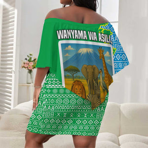 Tanzania Wildlife Off Shoulder Short Dress - Tribal Print and Mount Kilimanjaro Safari Scene