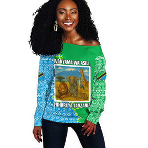 Tanzania Wildlife Off Shoulder Sweater - Tribal Print and Mount Kilimanjaro Safari Scene