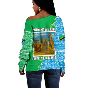 Tanzania Wildlife Off Shoulder Sweater - Tribal Print and Mount Kilimanjaro Safari Scene