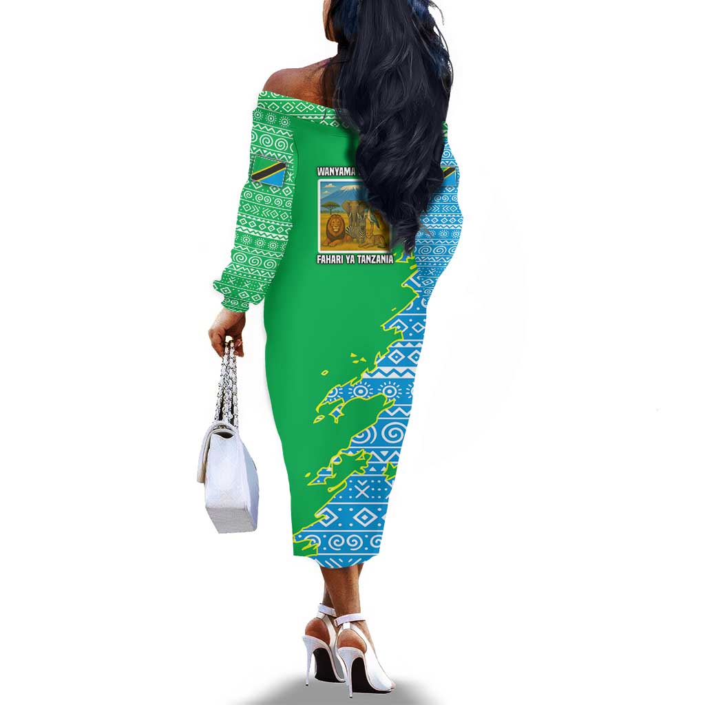 Tanzania Wildlife Off The Shoulder Long Sleeve Dress - Tribal Print and Mount Kilimanjaro Safari Scene