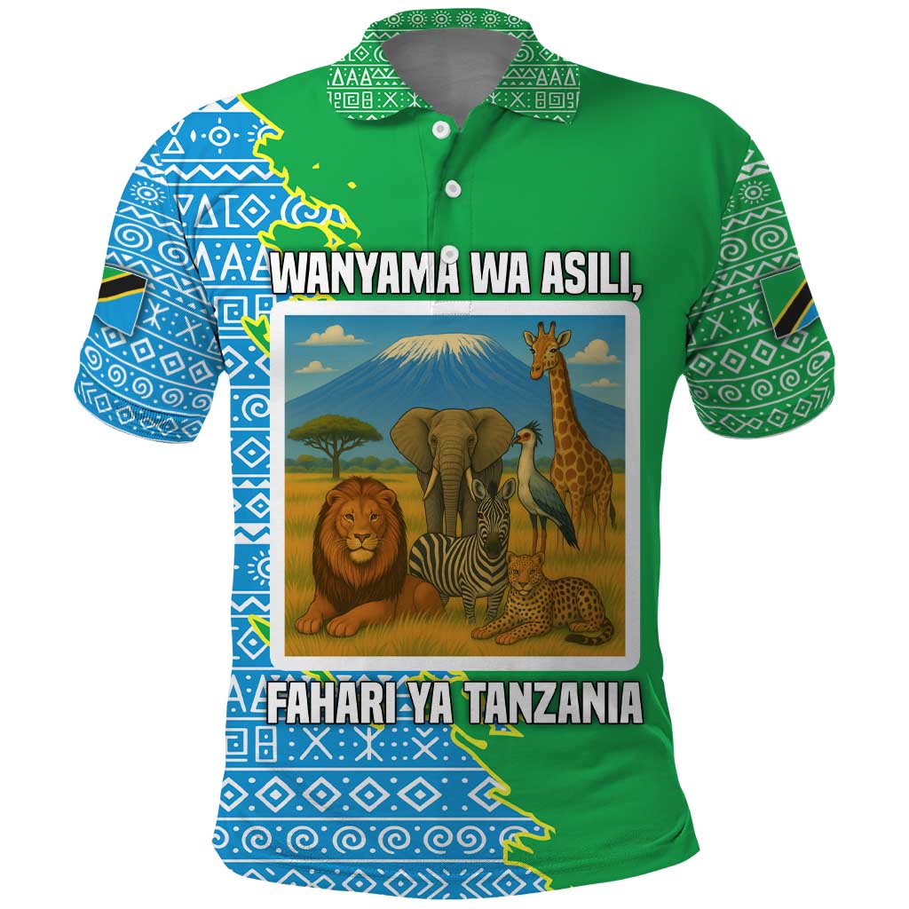 Tanzania Wildlife Polo Shirt - Tribal Print and Mount Kilimanjaro Safari Scene