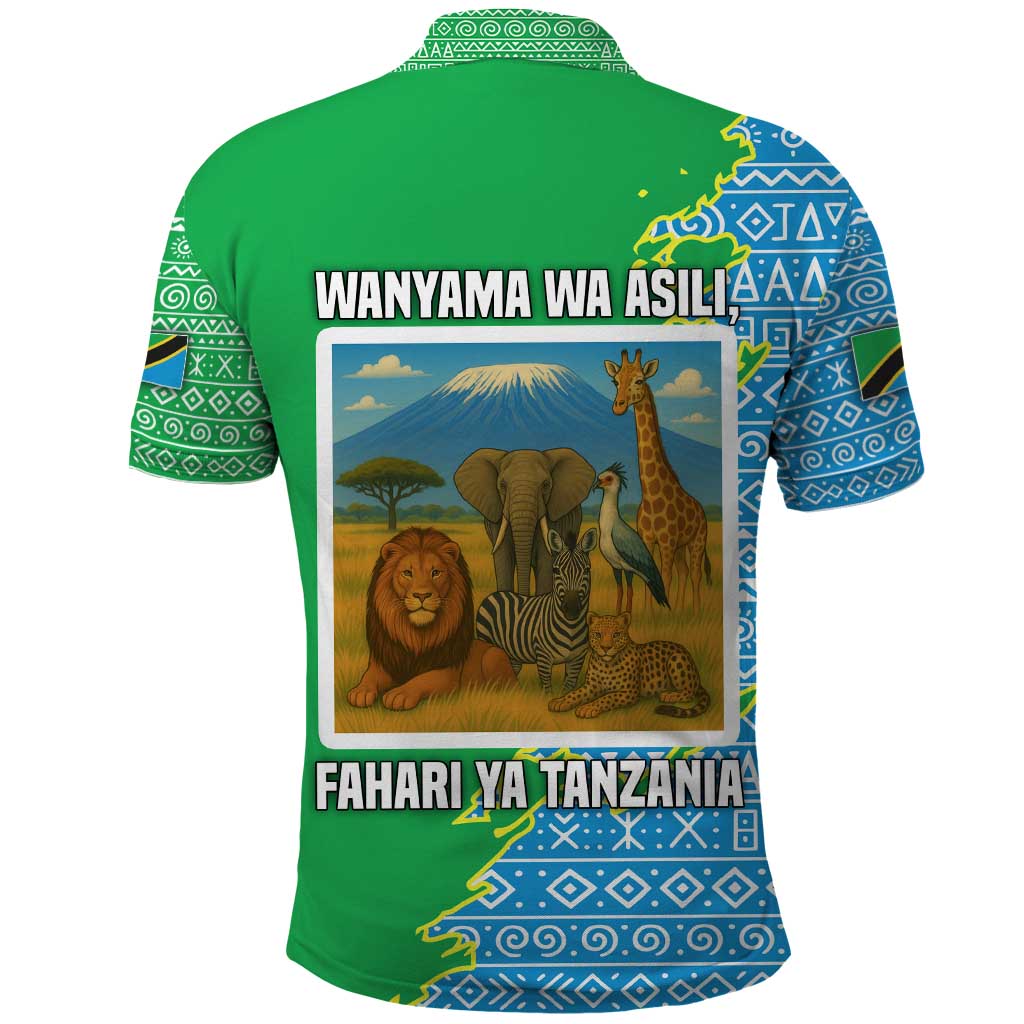Tanzania Wildlife Polo Shirt - Tribal Print and Mount Kilimanjaro Safari Scene