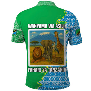 Tanzania Wildlife Polo Shirt - Tribal Print and Mount Kilimanjaro Safari Scene