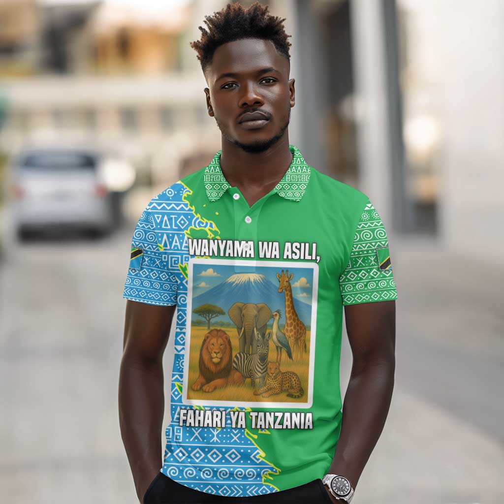 Tanzania Wildlife Polo Shirt - Tribal Print and Mount Kilimanjaro Safari Scene