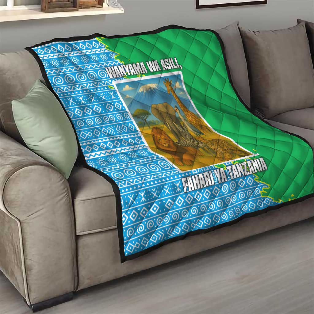 Tanzania Wildlife Quilt - Tribal Print and Mount Kilimanjaro Safari Scene