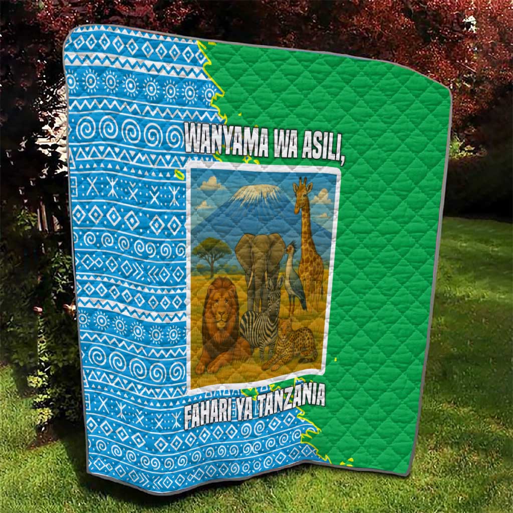 Tanzania Wildlife Quilt - Tribal Print and Mount Kilimanjaro Safari Scene