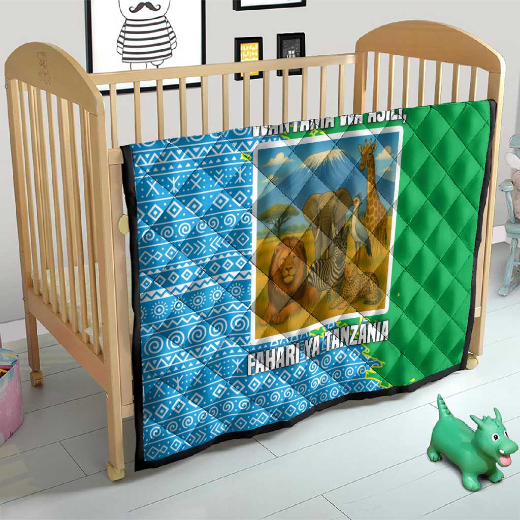 Tanzania Wildlife Quilt - Tribal Print and Mount Kilimanjaro Safari Scene