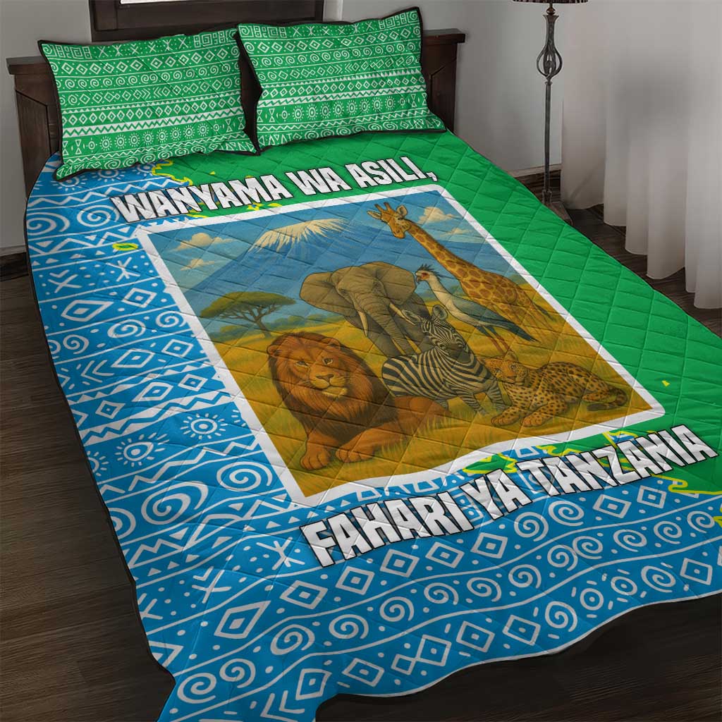Tanzania Wildlife Quilt Bed Set - Tribal Print and Mount Kilimanjaro Safari Scene