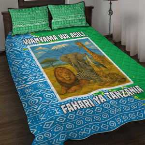 Tanzania Wildlife Quilt Bed Set - Tribal Print and Mount Kilimanjaro Safari Scene