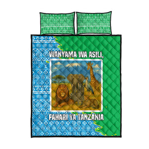 Tanzania Wildlife Quilt Bed Set - Tribal Print and Mount Kilimanjaro Safari Scene