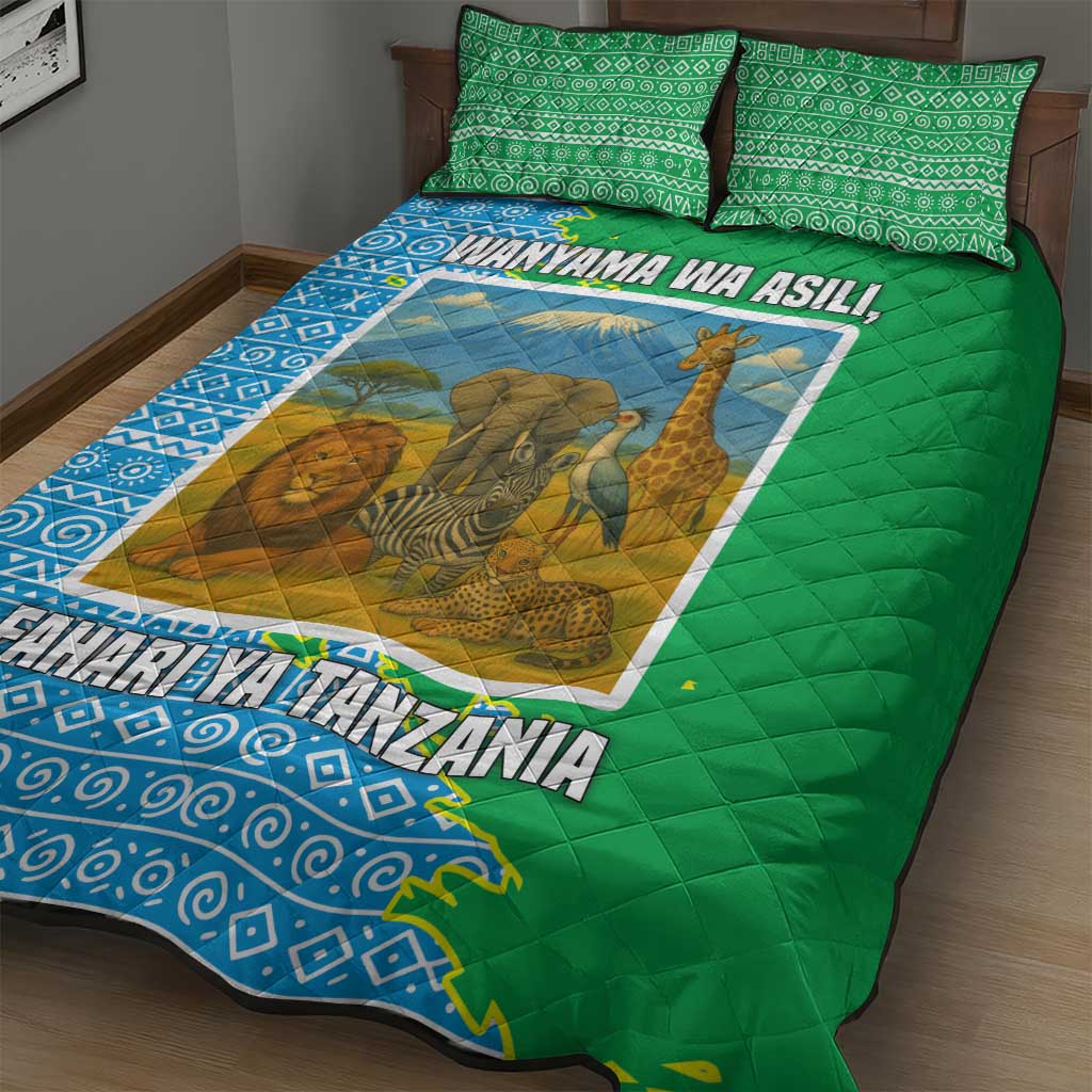 Tanzania Wildlife Quilt Bed Set - Tribal Print and Mount Kilimanjaro Safari Scene
