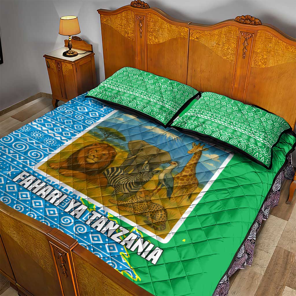 Tanzania Wildlife Quilt Bed Set - Tribal Print and Mount Kilimanjaro Safari Scene