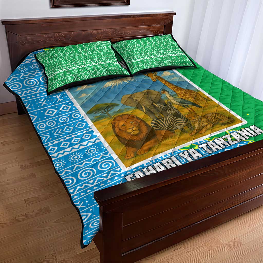 Tanzania Wildlife Quilt Bed Set - Tribal Print and Mount Kilimanjaro Safari Scene
