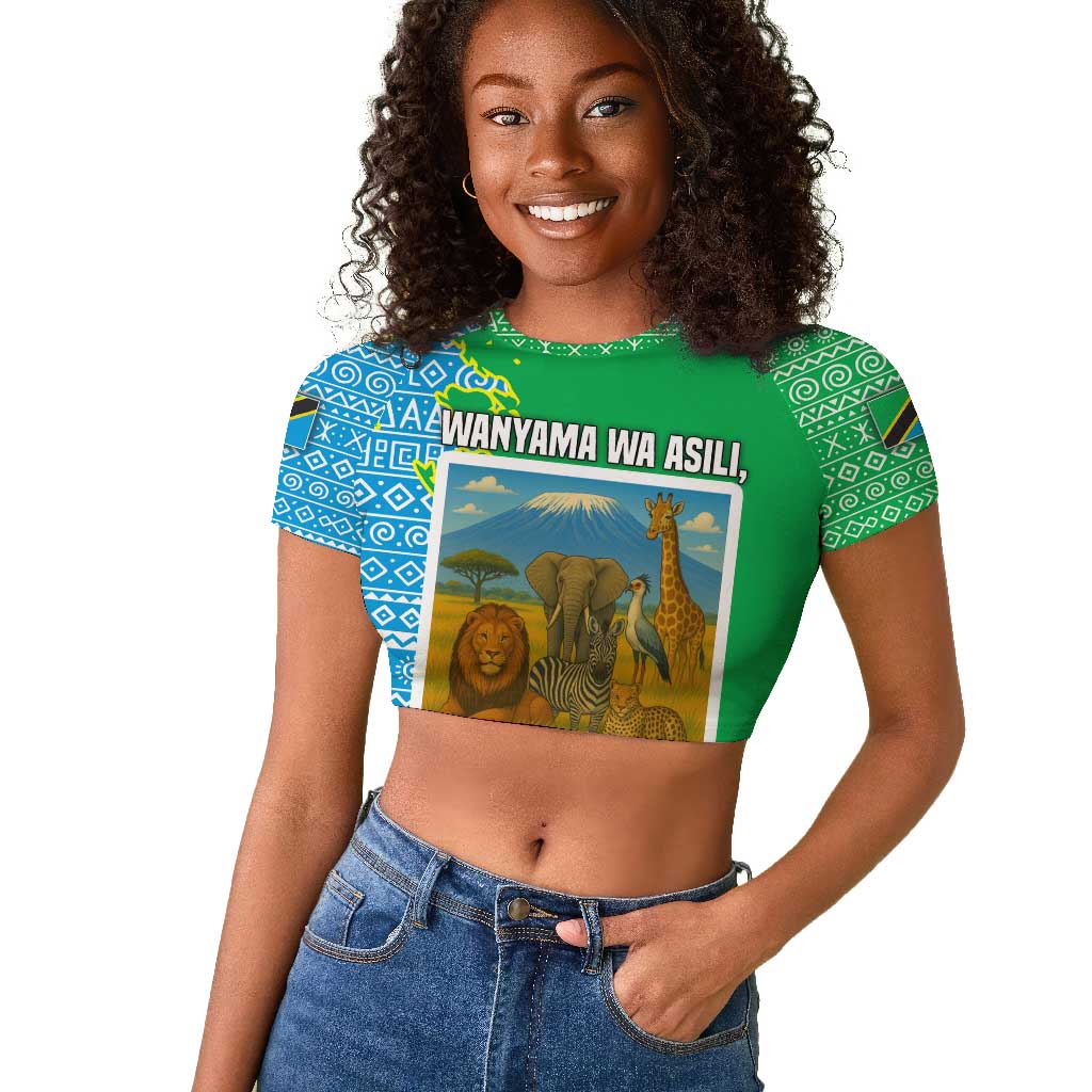 Tanzania Wildlife Raglan Cropped T shirt - Tribal Print and Mount Kilimanjaro Safari Scene
