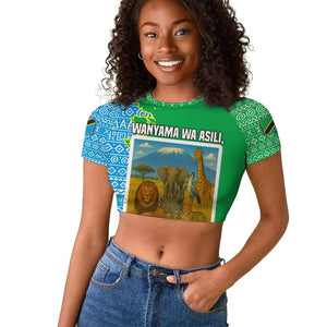 Tanzania Wildlife Raglan Cropped T shirt - Tribal Print and Mount Kilimanjaro Safari Scene