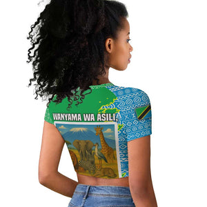 Tanzania Wildlife Raglan Cropped T shirt - Tribal Print and Mount Kilimanjaro Safari Scene