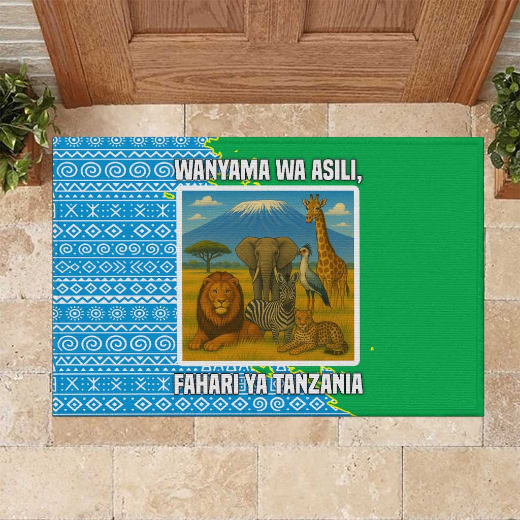 Tanzania Wildlife Rubber Doormat - Tribal Print and Mount Kilimanjaro Safari Scene