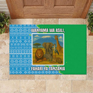 Tanzania Wildlife Rubber Doormat - Tribal Print and Mount Kilimanjaro Safari Scene