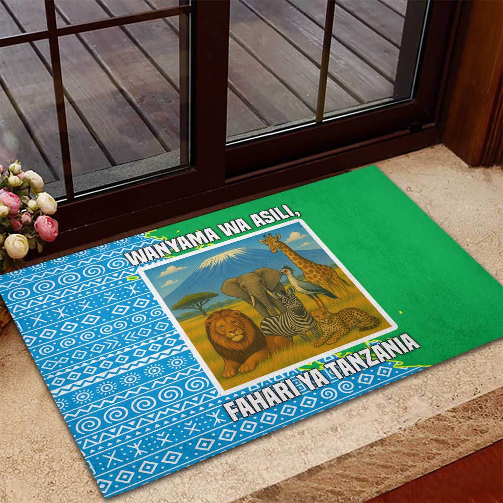 Tanzania Wildlife Rubber Doormat - Tribal Print and Mount Kilimanjaro Safari Scene
