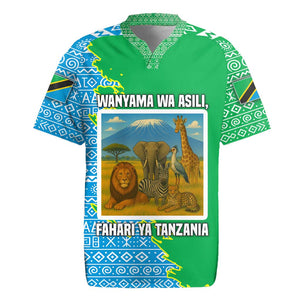 Tanzania Wildlife Rugby Jersey - Tribal Print and Mount Kilimanjaro Safari Scene