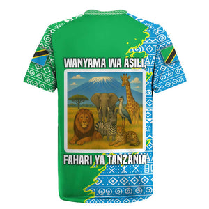 Tanzania Wildlife Rugby Jersey - Tribal Print and Mount Kilimanjaro Safari Scene