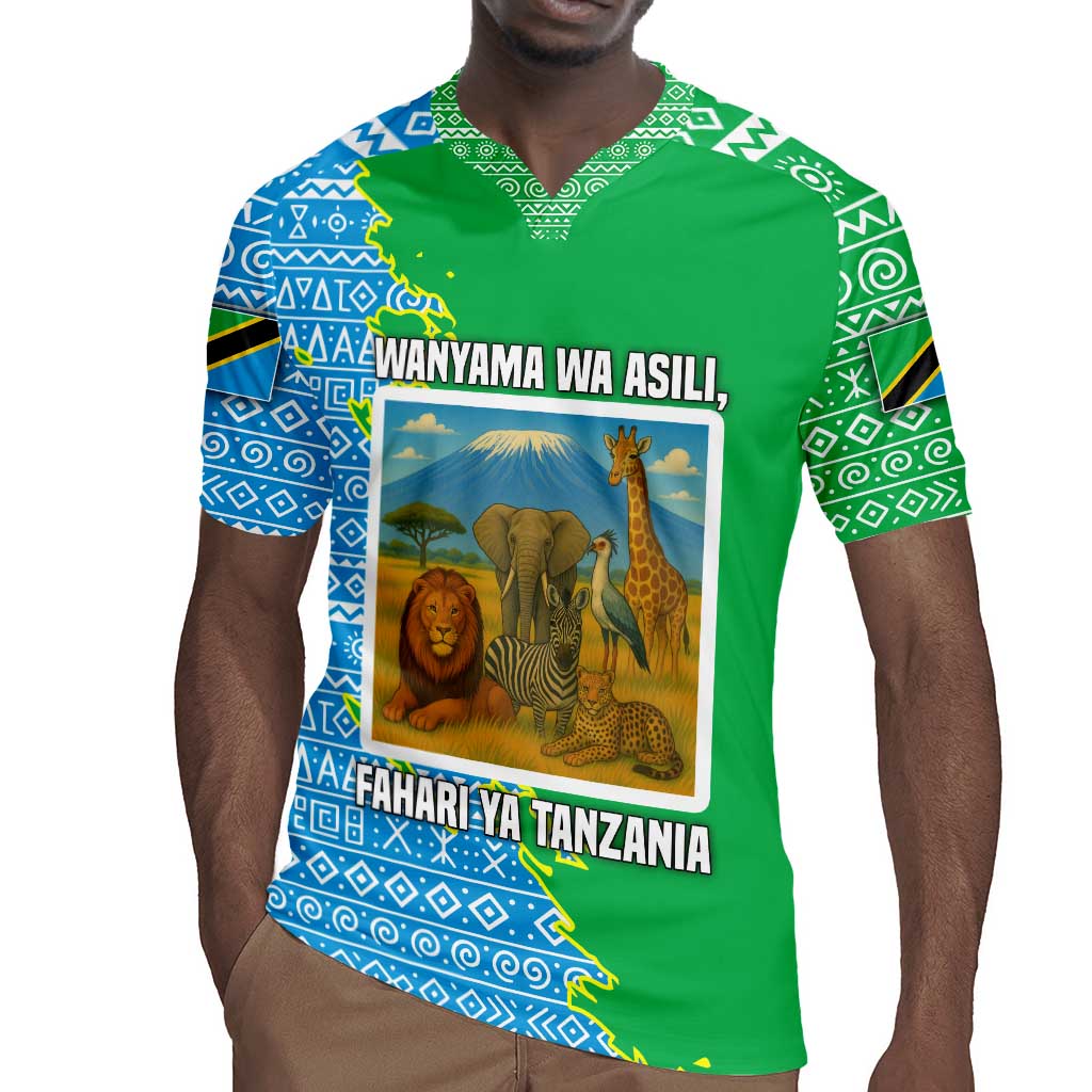 Tanzania Wildlife Rugby Jersey - Tribal Print and Mount Kilimanjaro Safari Scene