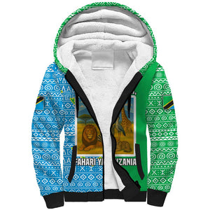 Tanzania Wildlife Sherpa Hoodie - Tribal Print and Mount Kilimanjaro Safari Scene