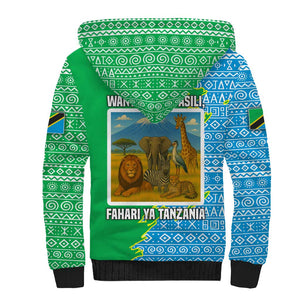Tanzania Wildlife Sherpa Hoodie - Tribal Print and Mount Kilimanjaro Safari Scene