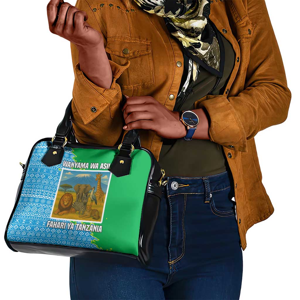 Tanzania Wildlife Shoulder Handbag - Tribal Print and Mount Kilimanjaro Safari Scene