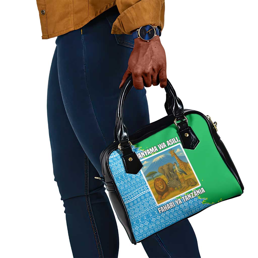 Tanzania Wildlife Shoulder Handbag - Tribal Print and Mount Kilimanjaro Safari Scene