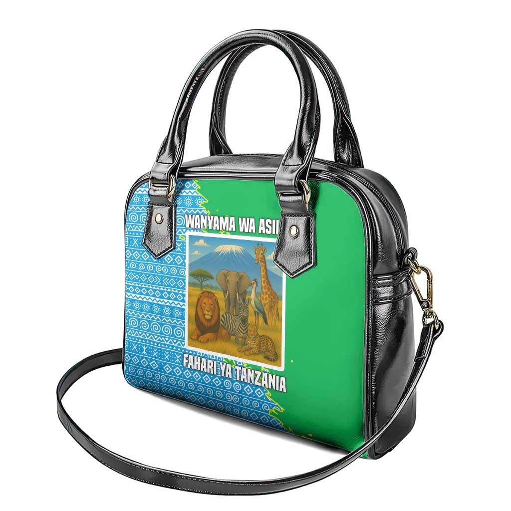 Tanzania Wildlife Shoulder Handbag - Tribal Print and Mount Kilimanjaro Safari Scene
