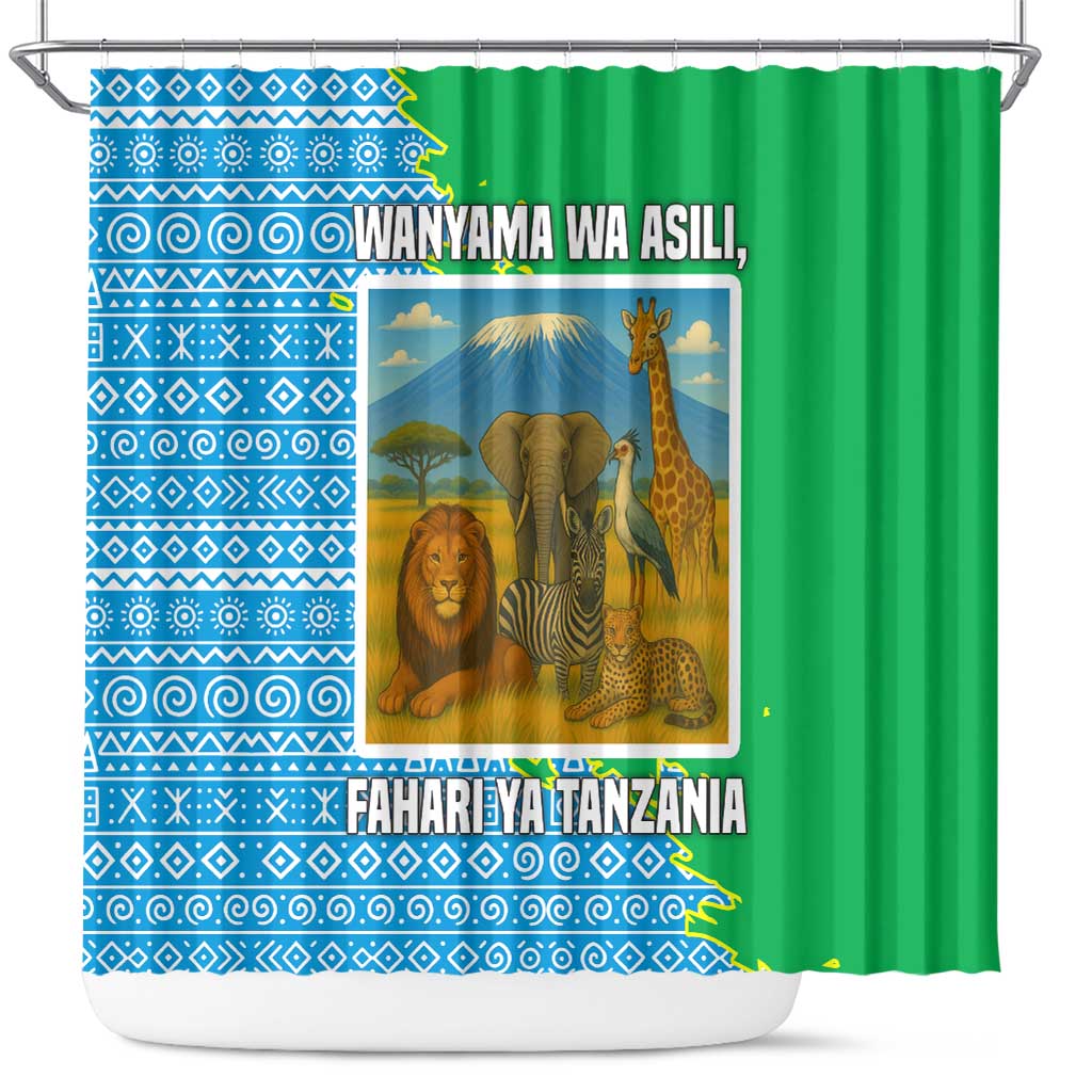 Tanzania Wildlife Shower Curtain - Tribal Print and Mount Kilimanjaro Safari Scene