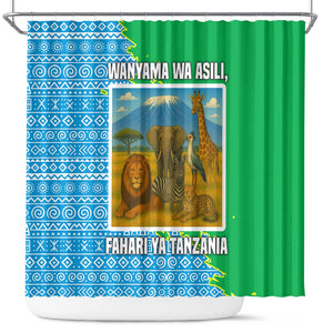 Tanzania Wildlife Shower Curtain - Tribal Print and Mount Kilimanjaro Safari Scene