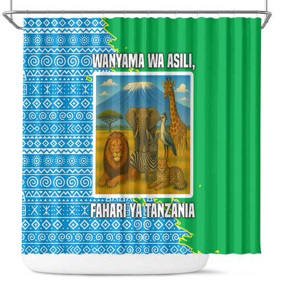 Tanzania Wildlife Shower Curtain - Tribal Print and Mount Kilimanjaro Safari Scene